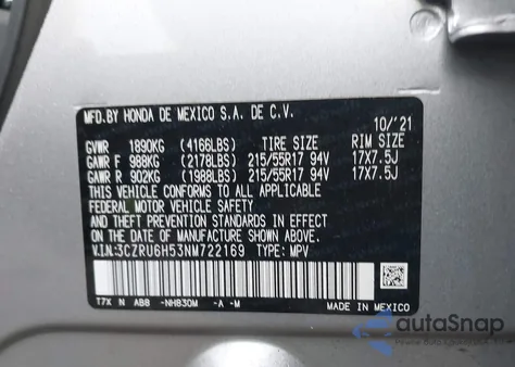 2022 Honda Hr-V Awd Ex from USA, damaged, VIN 3CZRU6H53NM722169